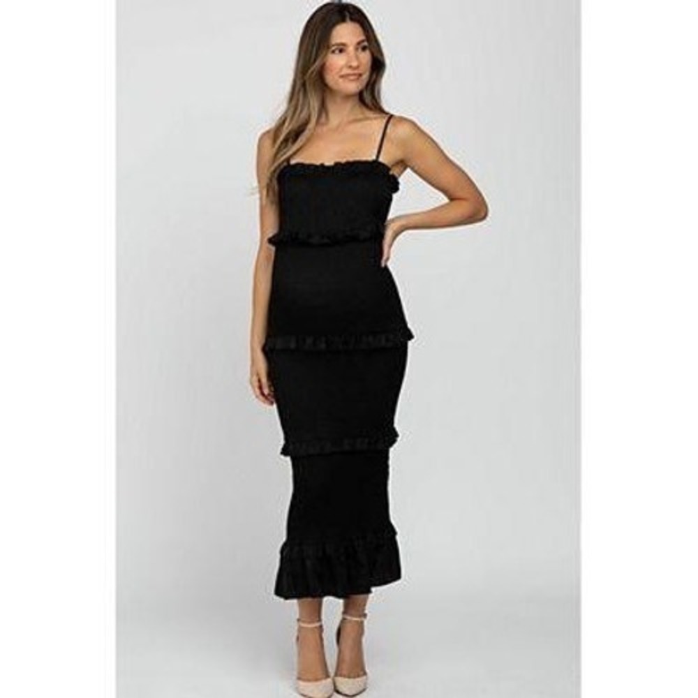 Rebdolls After Party Smocked Midi Dress Womens 1X‎ Black Ruffled Bodycon NWT LBD
